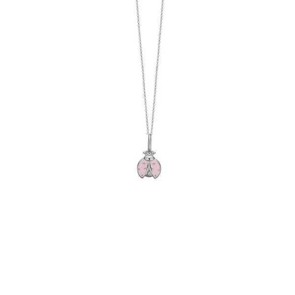 Kranz & Ziegler børnehalskæde i 925 sterlingsølv med rosa emaljeret mariehøne vedhæng, 38 cm.